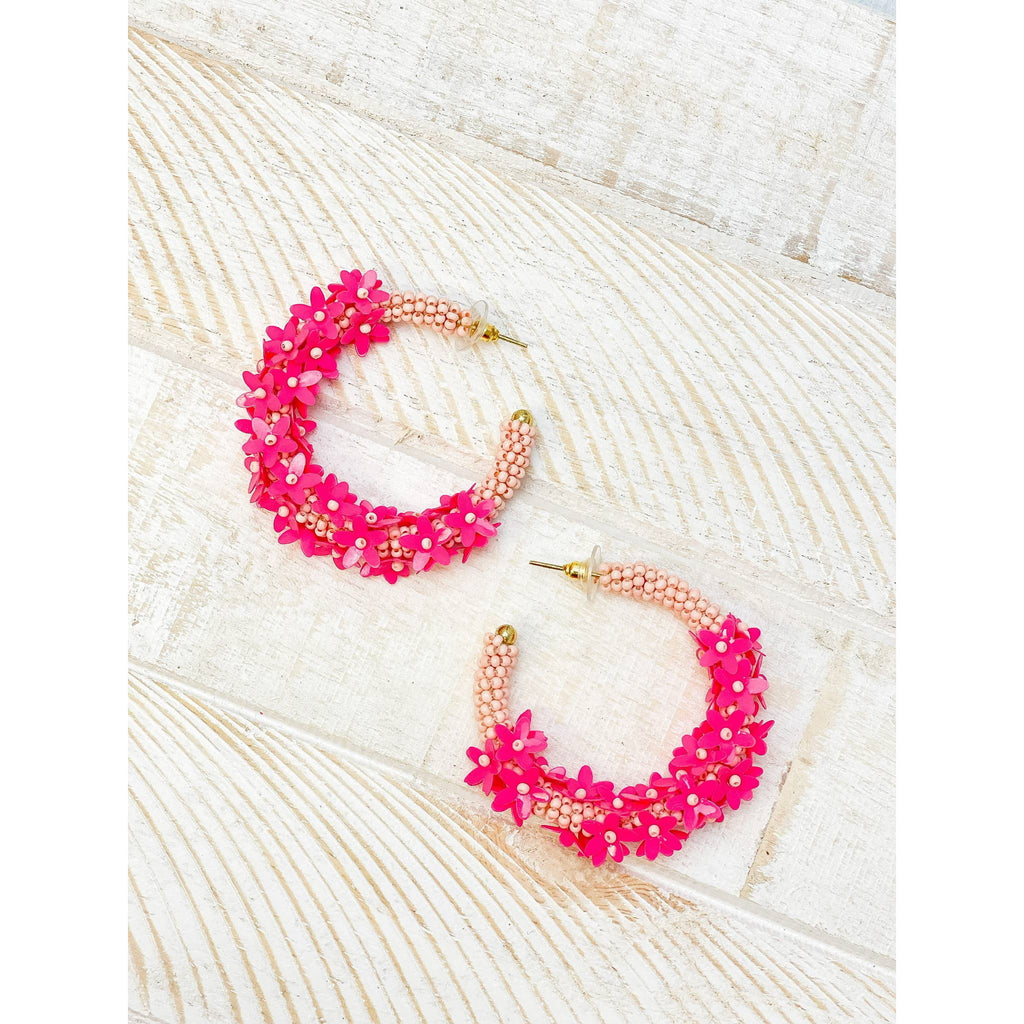 Seed Bead Flower Hoop Earrings - Hot Pink