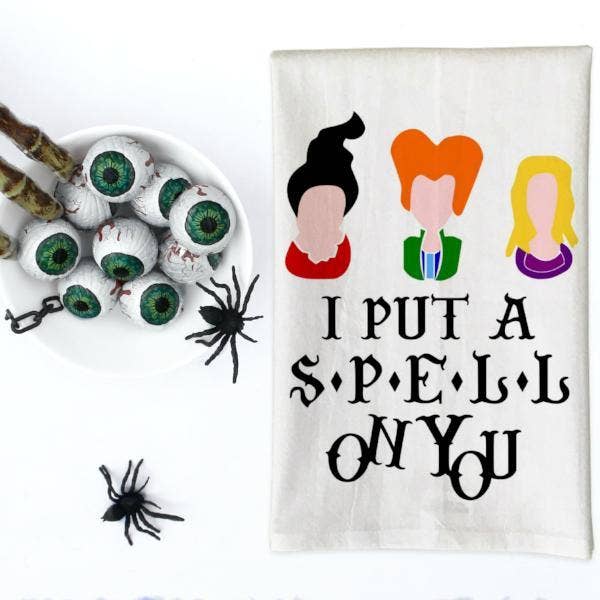 2 HALLOWEEN WITCH'S BREW KITCHEN TOWELS BLACK WHITE GOLD SPELL ON YOU  SKULLS