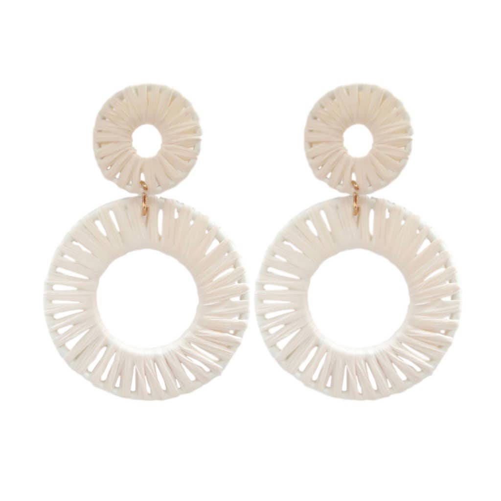 Raffia style circle hoop earrings. Love the coastal grandmother white linen earring look, this is a perfect accessory. Perfect white raffia earrings.