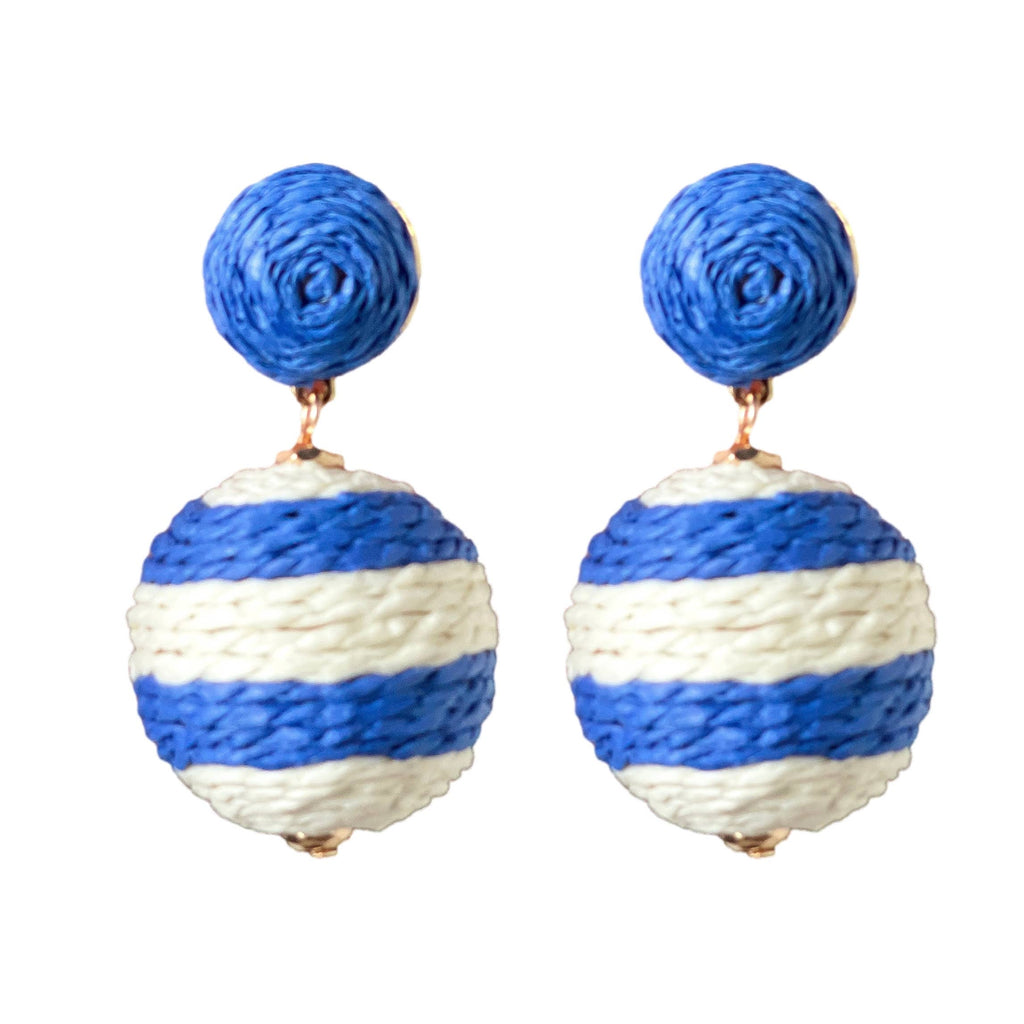 blue and white pom pom earrings