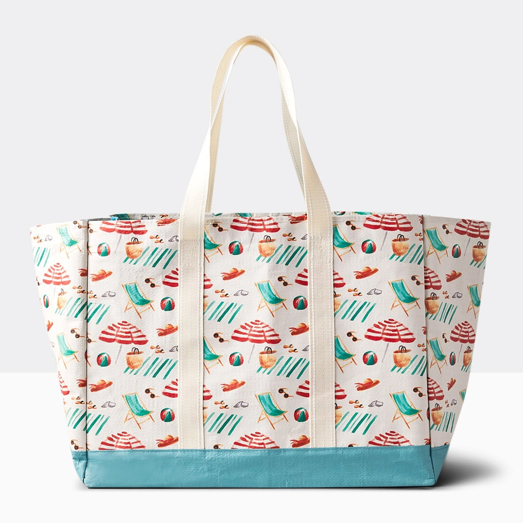 beach carry on tote bag with umbrella and beach ball graphics