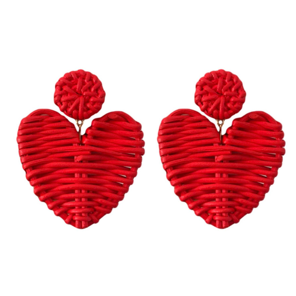 red rattan heart earrings, red woven earrings