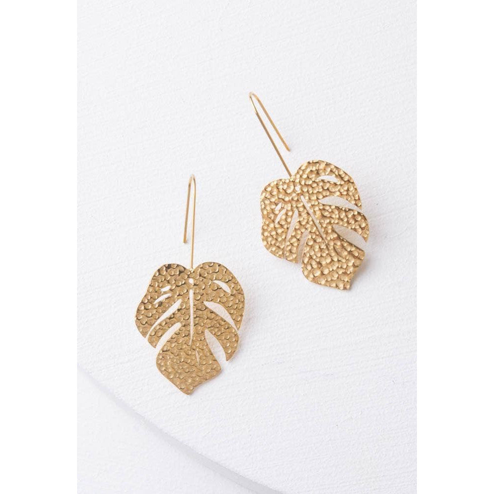 gold leaf bangle earrings, gold leaf dangle earrings, monstera plant earrings