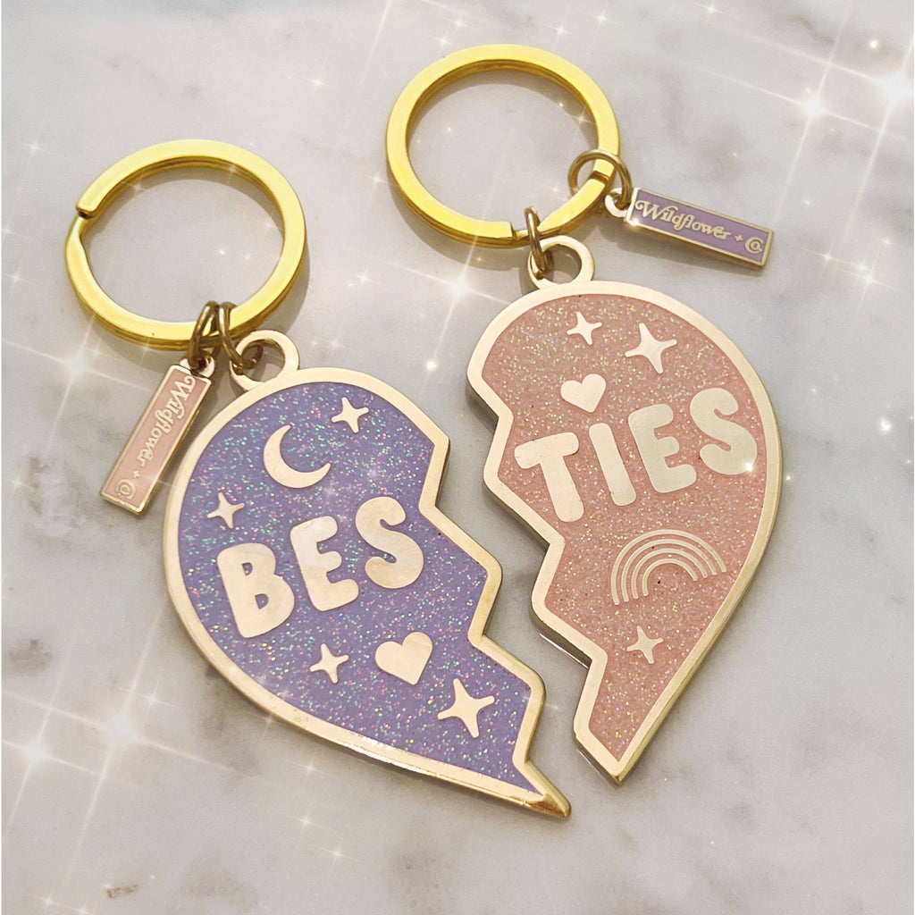 heart shaped besties keychain. Keep one keychain and give your best friend the other